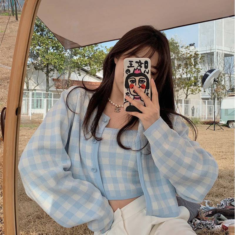 deanwangkt Vintage Sweet Plaid Kintted 2 Piece Sets Women Spring Autumn Single Breasted Long Sleeve Sweater Coat+Elastic Slim Sexy Crop Top - Deanwangkt