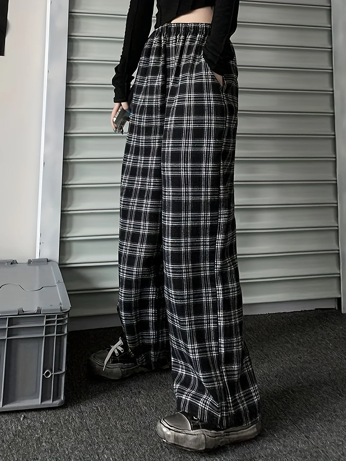 Plus Size Casual Pants, Women's Plus Plaid Print Elastic High Rise Wide Leg Trousers With Pockets - Deanwangkt