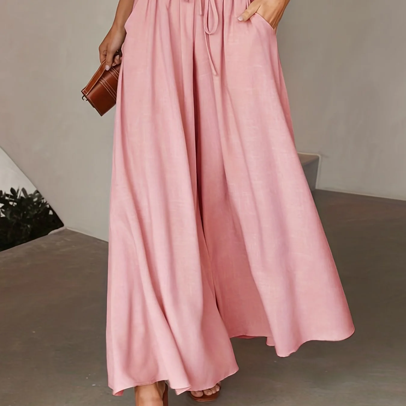 Solid Drawstring Culottes, Casual Wide Leg Summer Pants With Pockets, Women's Clothing - Deanwangkt