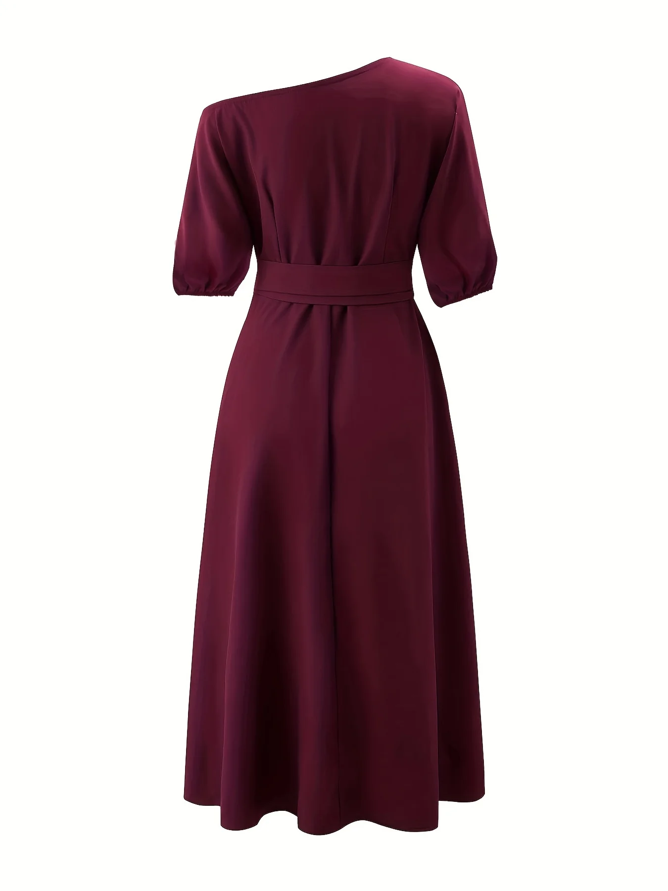 Slant Shoulder Neck Tie Waist Dress, Elegant Dual Pockets Short Sleeve Dress, Women's Clothing - Deanwangkt