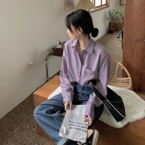 deanwangkt Shirts Women Pure Elegant Office Lady Simple Korean Style Leisure Long Sleeve Blouses Womens All-match Loose Daily Thin Chic New - Deanwangkt