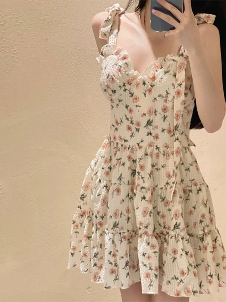 Casual Beach Straps Dress Women Slim  Summer Sweet Elegant Y2k Mini Dress Fairy Sleeveless Floral One Piece Dress Korean - Deanwangkt