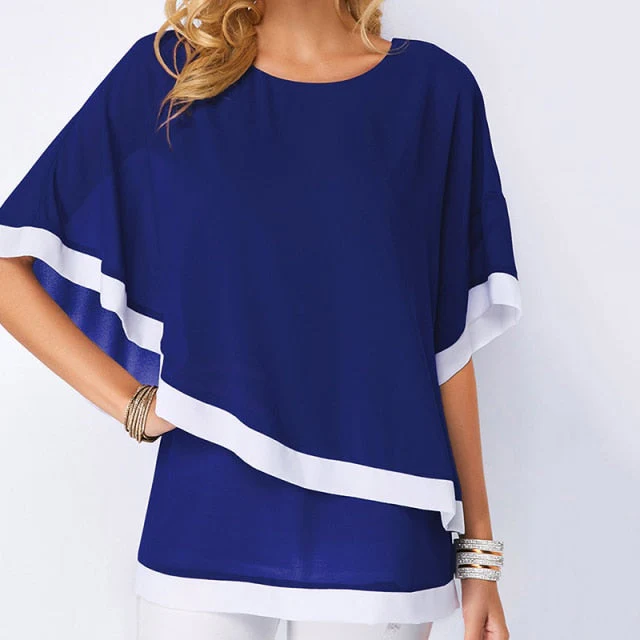 deanwangkt Plus Size Blouses For Women 5XL Patchwork Double Layer Tops Casual Batwing Tunic  Autumn Large Size Chiffon Shirts - Deanwangkt