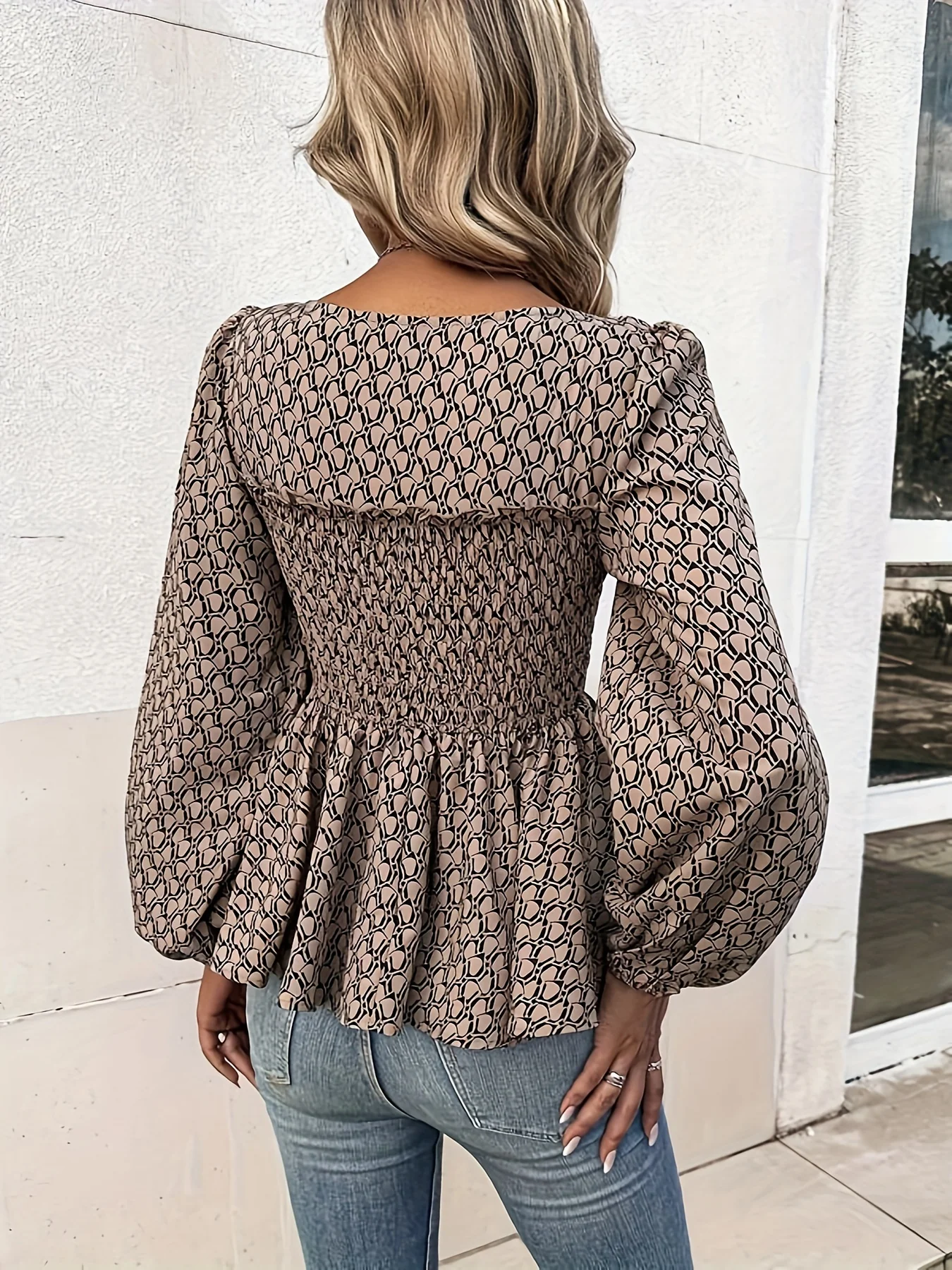 All Over Print Square Neck Blouse, Casual Long Sleeve Blouse For Spring & Fall, Women's Clothing - Deanwangkt