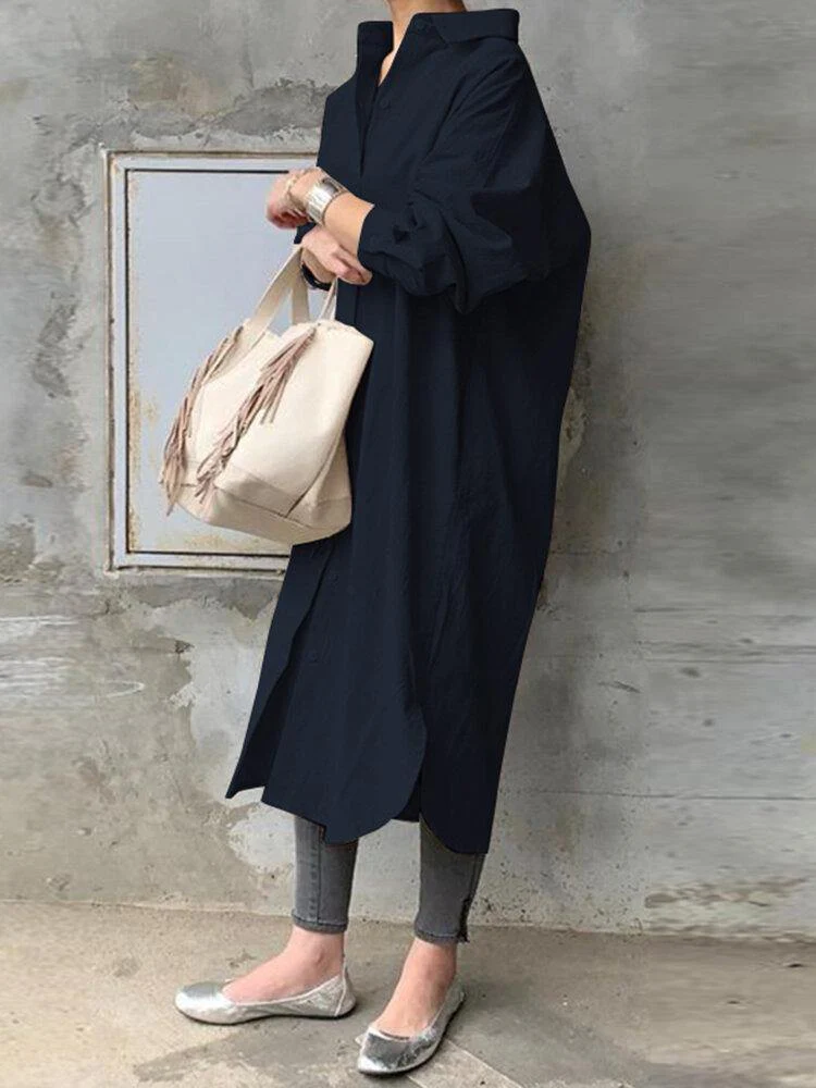 deanwangkt Women 100% Cotton Solid Color Curved Hem Split Lapel Loose Fit Shirt Dress - Deanwangkt