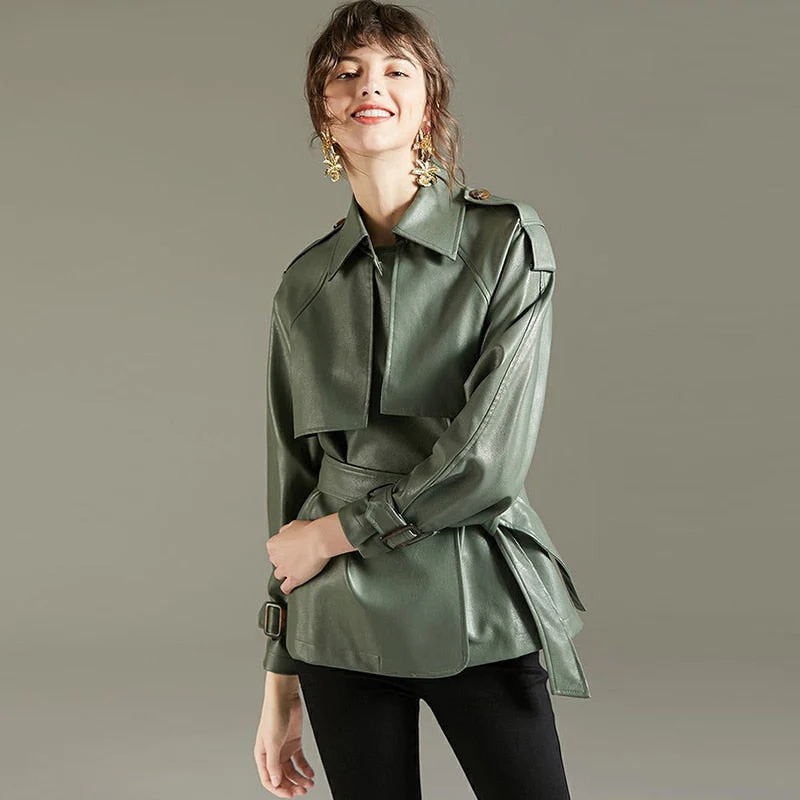 deanwangkt   Spring Autumn Lapel Faux Leather Jacket Women Green PU Coat Simplicity Loose Jackets Office Lady Outwear With Belt - Deanwangkt