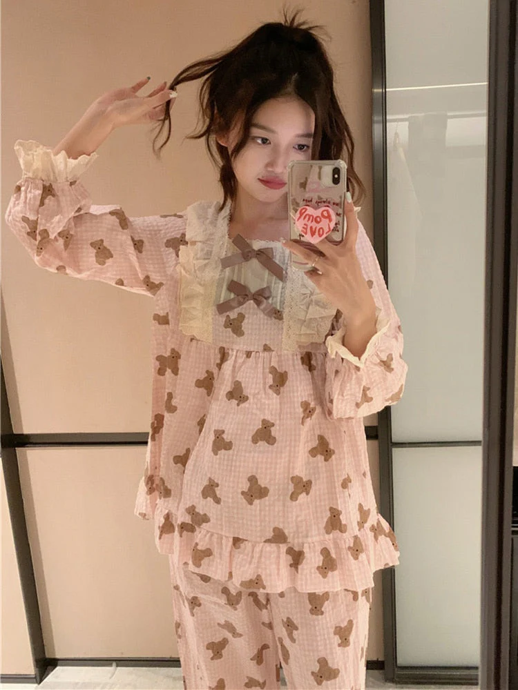 Cartoon Bear Print Lace Cute Sleepwear Sweet Home Long Sleeve Pajama Set Women Girlish Style Princess Loose Casual Sleep Tops - Deanwangkt
