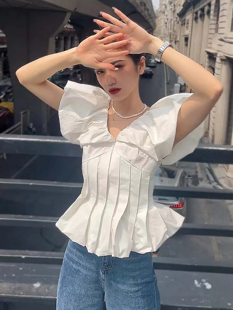 deanwangkt  Sexy V-Neck White Women Blouses Summer Puff Sleeve Shirts Chic Korean Office Vintage Elegant Female Lady Tops - Deanwangkt