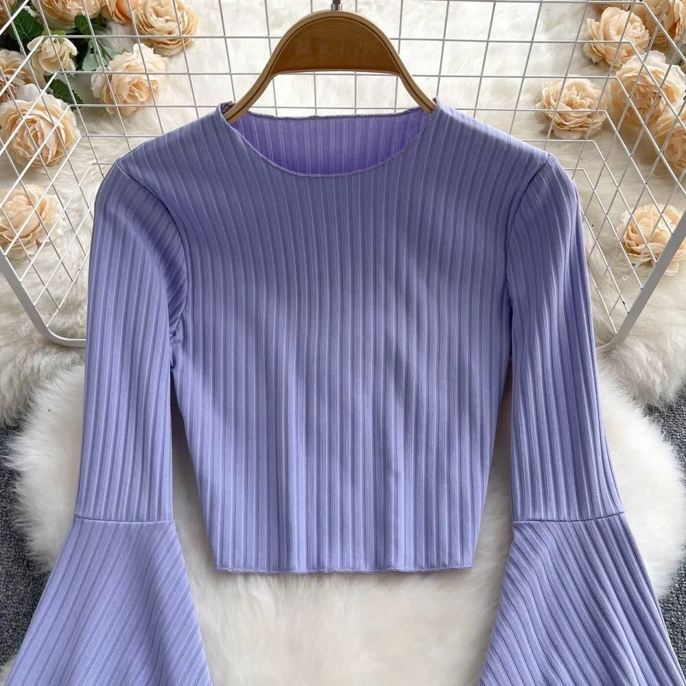 deanwangkt Elegance Casual Fashion Flared Sleeve Short O-neck Slim T-shirt And Blouses Top Summer Autumn Clothes For Woman Basics - Deanwangkt