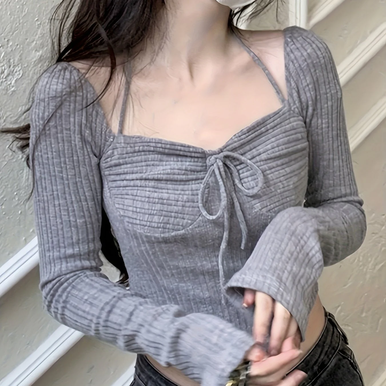 deanwangkt-1 Curved Hem Tie Front T-Shirt, Elegant Square Neck Crop Solid T-Shirt For Spring & Fall, Women's Clothing - Deanwangkt