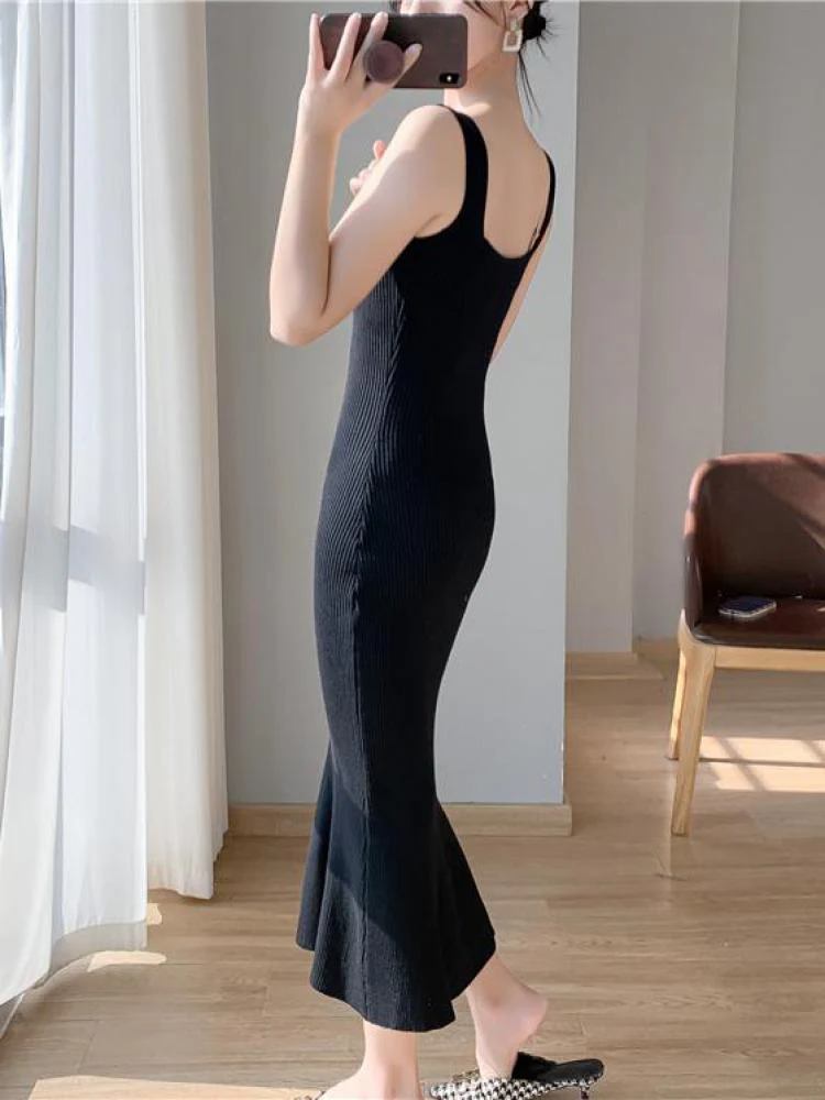 deanwangkt Korea Summer New Women White Elegant V-neck Knit Slip Long Dress French Black Sexy Club Slim Prom Evening Party Fishtail Dresses - Deanwangkt