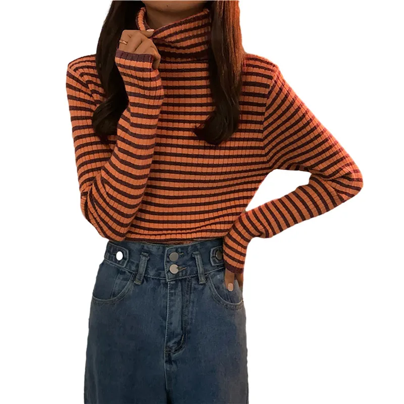 deanwangkt New Black Striped Sweater Women Knitted Pullover Autumn Long Sleeve Turtleneck Knitwear Korean Bottoming Shirt Stretch Jumpers - Deanwangkt