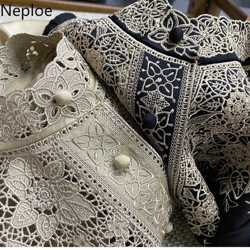 deanwangkt Blouses Womens Clothes Tops Vintage Blusas De Mujer Stand Collar Embroidery Blouse Korean Fashion Long Sleeve Shirt - Deanwangkt