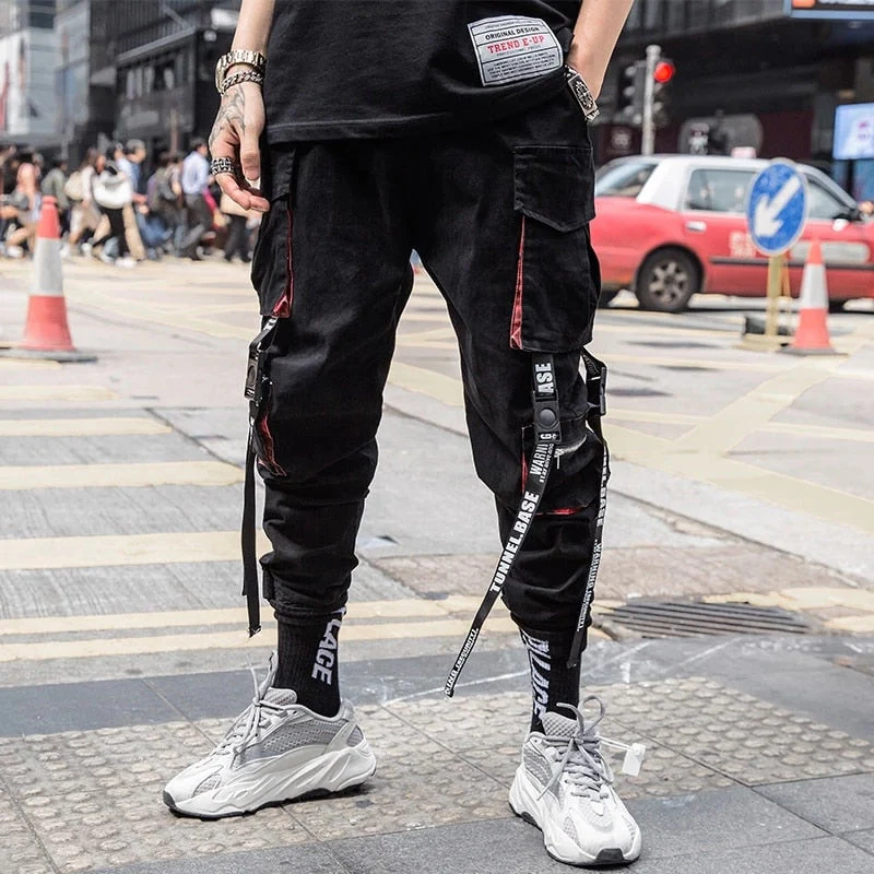 DEANWANGKT Mens Vintage Hip Hop Style Baggy Jeans Joggers Cargo Pants For Men Casual Hip Hop Hit Color Pocket Male Trousers Sweatpants Streetwear Ribbons Techwear Pants - Deanwangkt