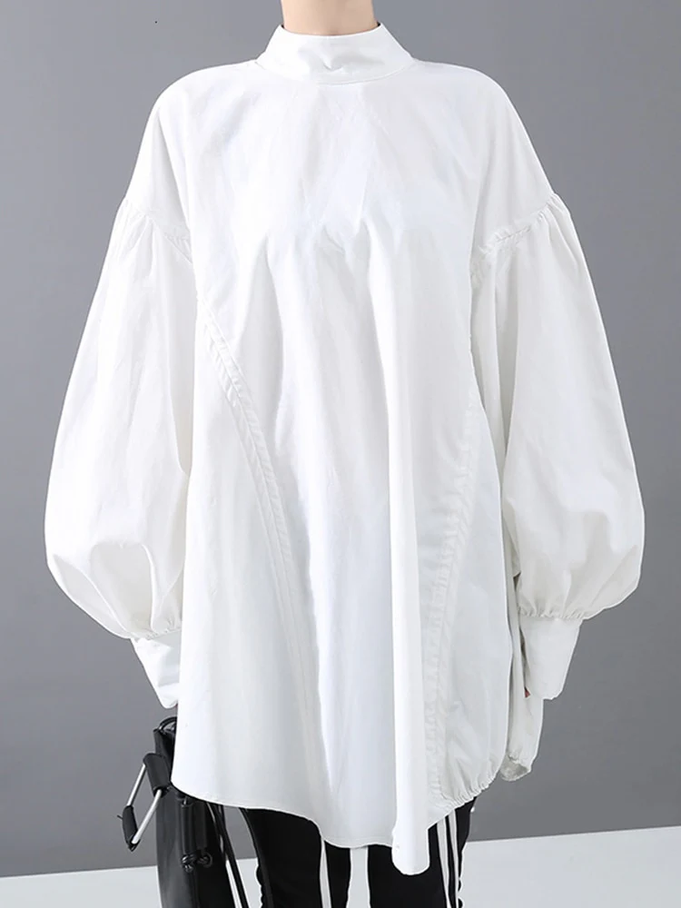 deanwangkt Women Back Long Drawstring Big Size Blouse New Satnd Collar Long Sleeve Loose Fit Shirt Fashion Spring Autumn  1N242 - Deanwangkt