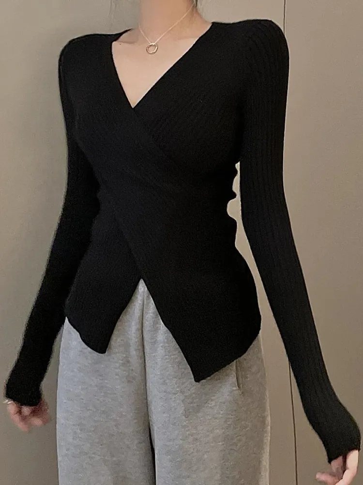 deanwangkt Irregular V-Neck Sweater Women Long Sleeve Top Pullover  Winter Knitted Sweaters Mujer Knitwear Korean Fashion Woman Clothes - Deanwangkt