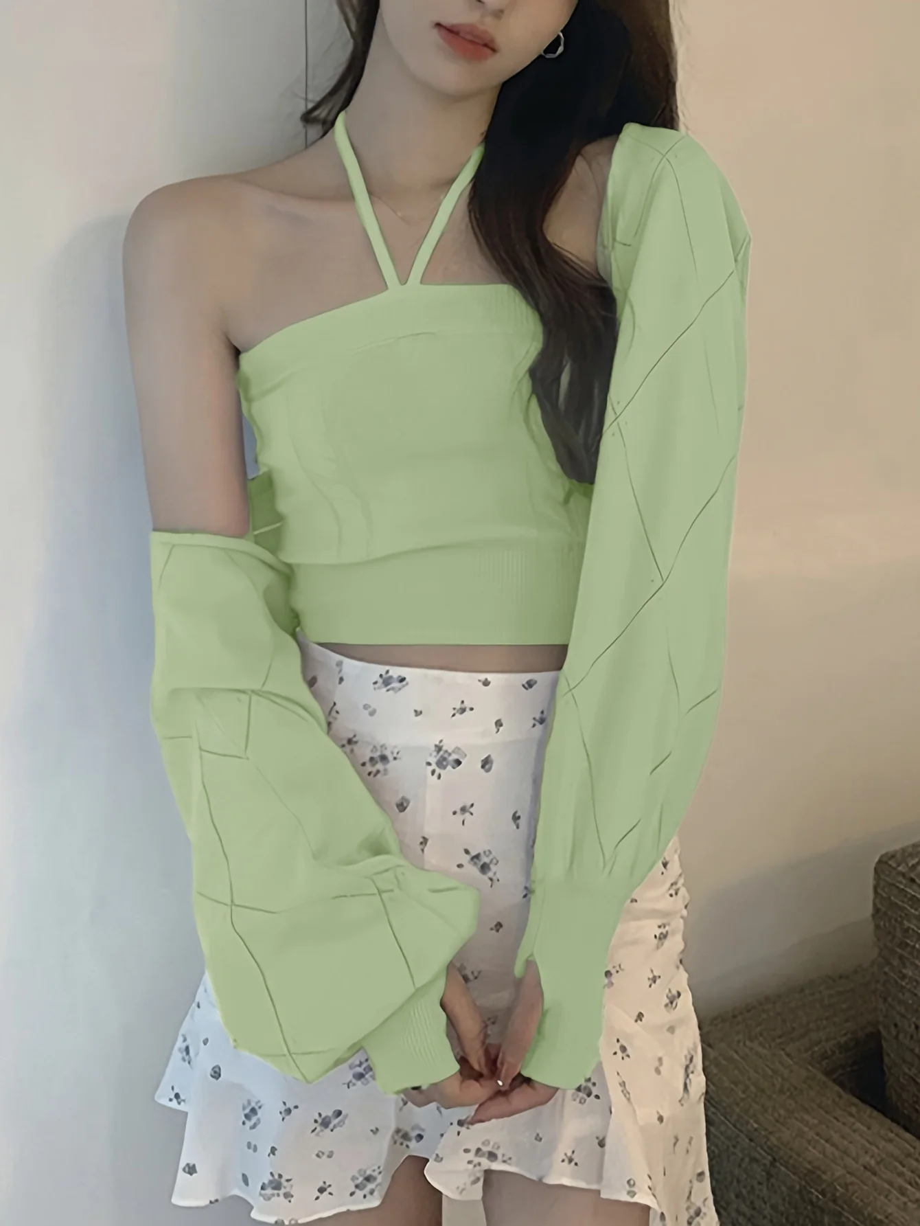 deanwangkt  Y2K Solid Two-piece Set, Sleeveless Halter Cami Top & Crop Shawl Sweater Top Outfits, Women's Clothing - Deanwangkt