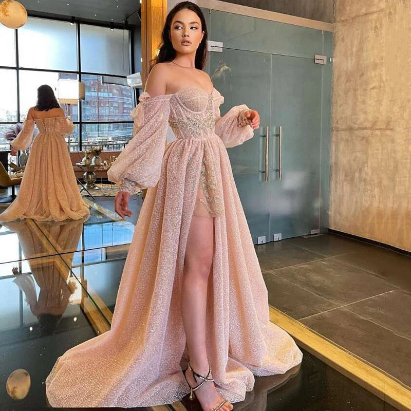deanwangkt Pink Wedding Dresses  Puff Long Sleeve Bride Dress Split Side A Line Sexy Beach Wedding Gowns Robe de Mariee - Deanwangkt