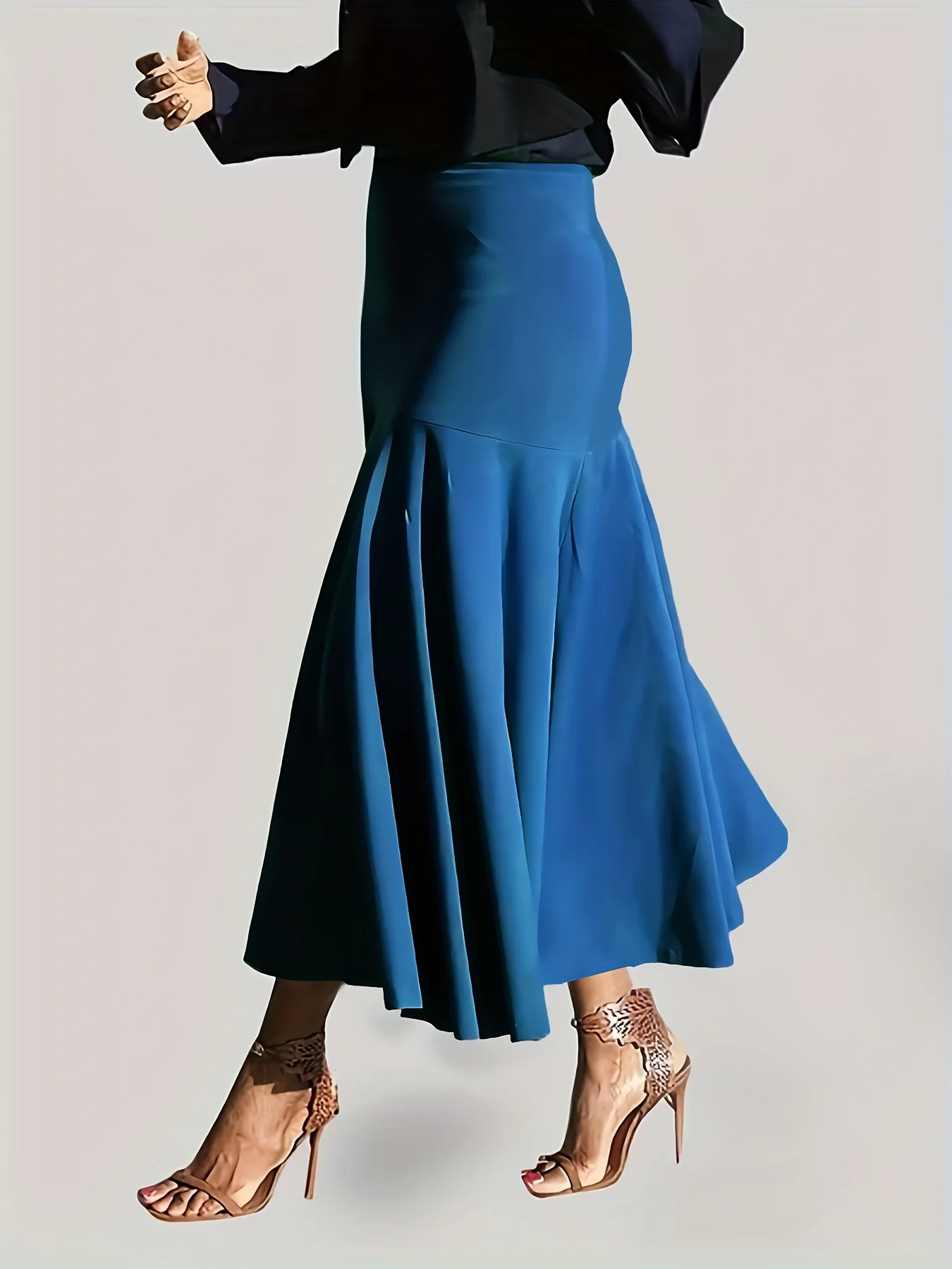 deanwangkt Plus Size Party Skirt, Women's Plus Solid High Rise Non-stretch Maxi Mermaid Skirt - Deanwangkt