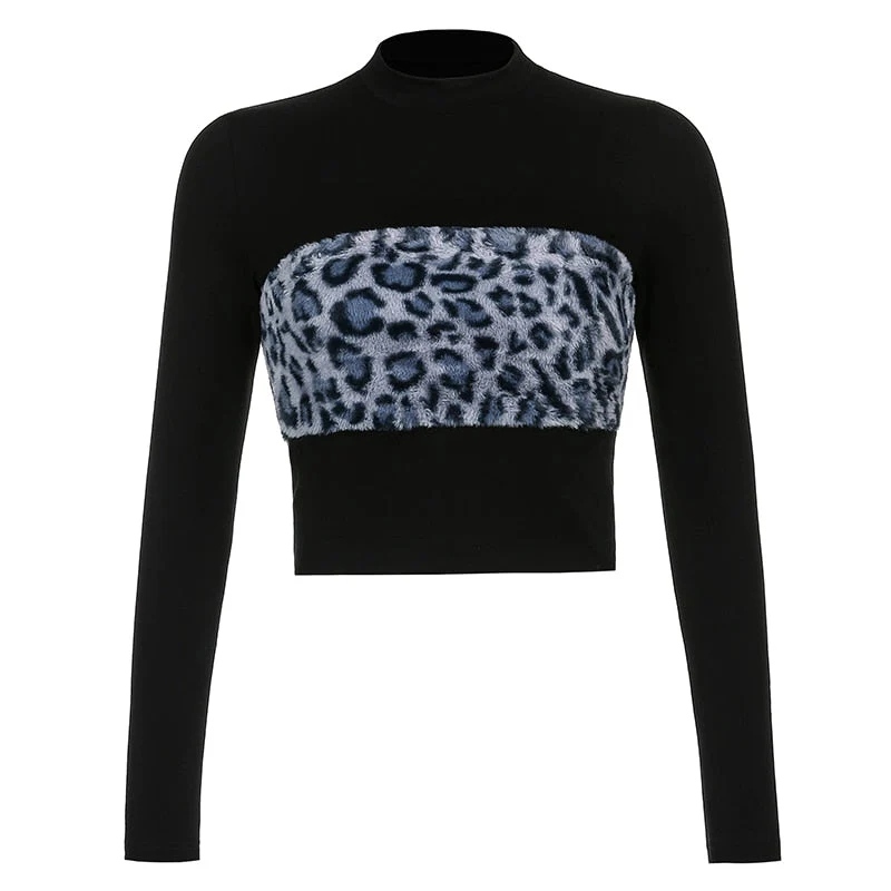 deanwangkt Patchwork Leopard Furry Long Sleeve T-shirt Autumn Casual Korean Basic Crop Top T Shirt Women 90s Blue Black Tees Y2K aesthetic - Deanwangkt