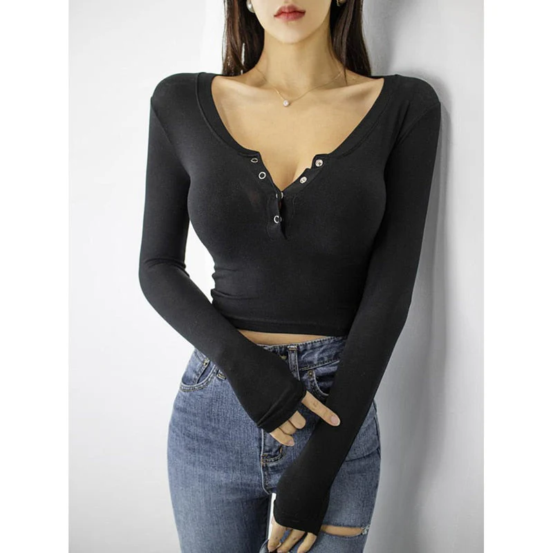 Wenkouban Women Tops  T-Shirts Sexy Slim V-Neck Long Sleeve Tshirt Black Basic T Shirt Woman Autumn New Korean Fashion Tees Female Top - Deanwangkt