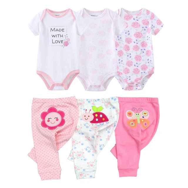 6/9PCS Baby Girl Clothes Newborn Unisex Solid Bodysuits+Pants Cotton Baby Boy Clothes Short Sleeve Girls Baby Clothing Cartoon - Deanwangkt
