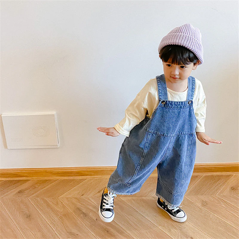deanwangkt  New Children Loose Overalls boys girls casual all-match denim Trousers Autumn Solid Outwear 1-7Y Kids fashion bib pants - Deanwangkt