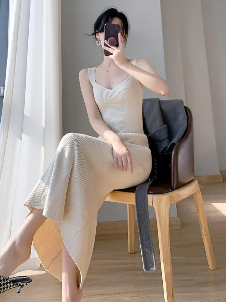 deanwangkt Korea Summer New Women White Elegant V-neck Knit Slip Long Dress French Black Sexy Club Slim Prom Evening Party Fishtail Dresses - Deanwangkt
