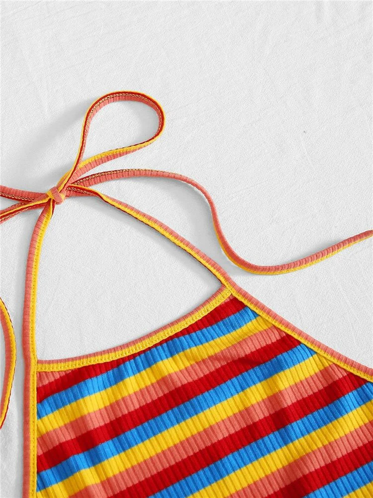 deanwangkt Rainbow Striped Rib Knit Crop Top Women Summer Y2K Clothes High Street Harajuku Backless Sleeveless Halter Cami Top - Deanwangkt