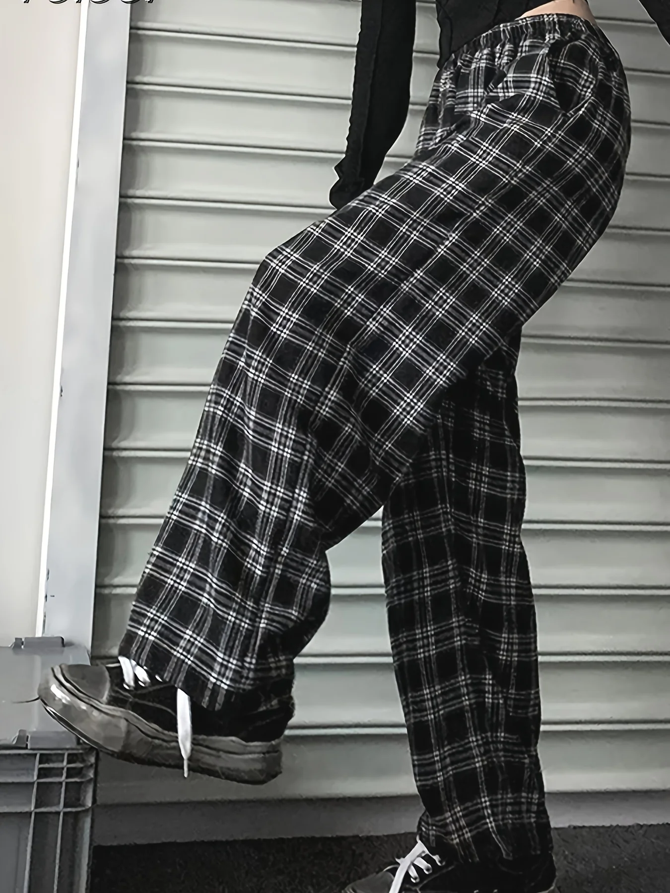 Plus Size Casual Pants, Women's Plus Plaid Print Elastic High Rise Wide Leg Trousers With Pockets - Deanwangkt