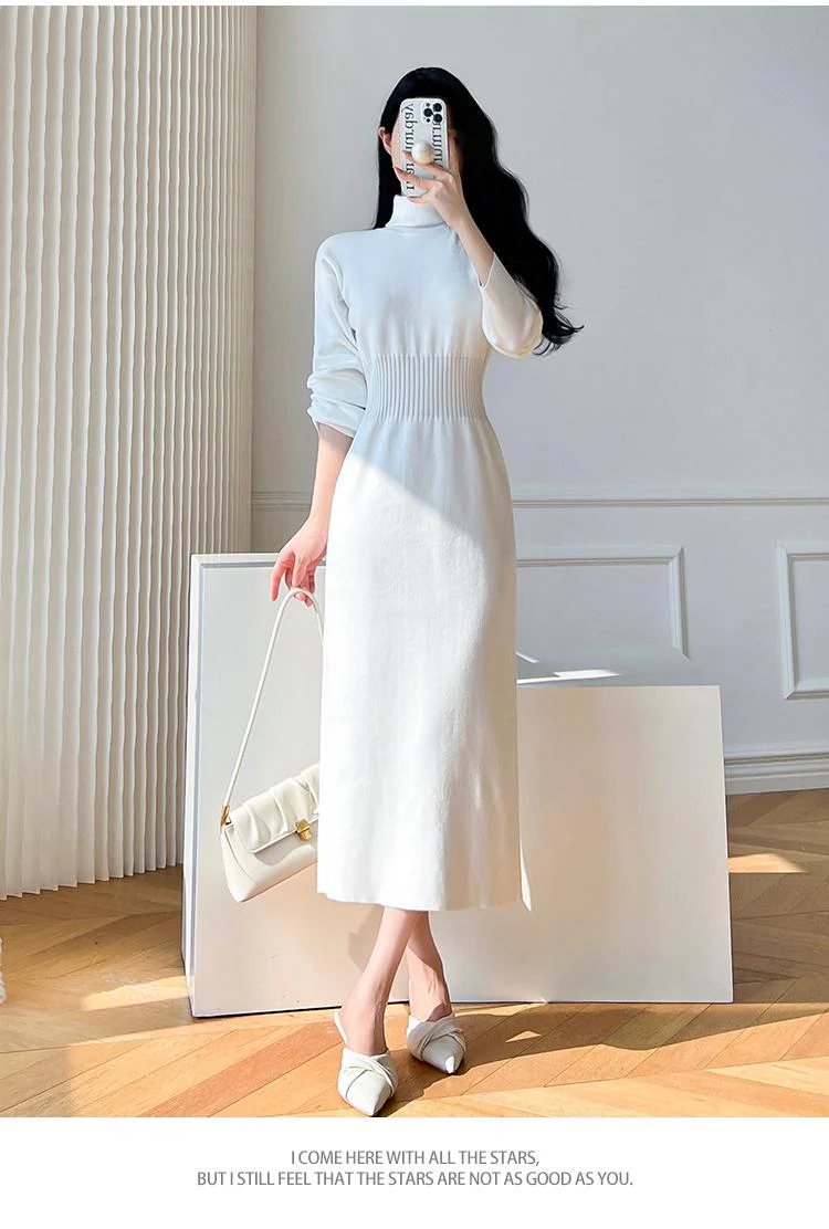 deanwangkt Korean White Fashions High Neck Knitted Warm Sweater Dress Autumn Winter Female Black Classy Retro Slim Waist Long Dress Simple - Deanwangkt