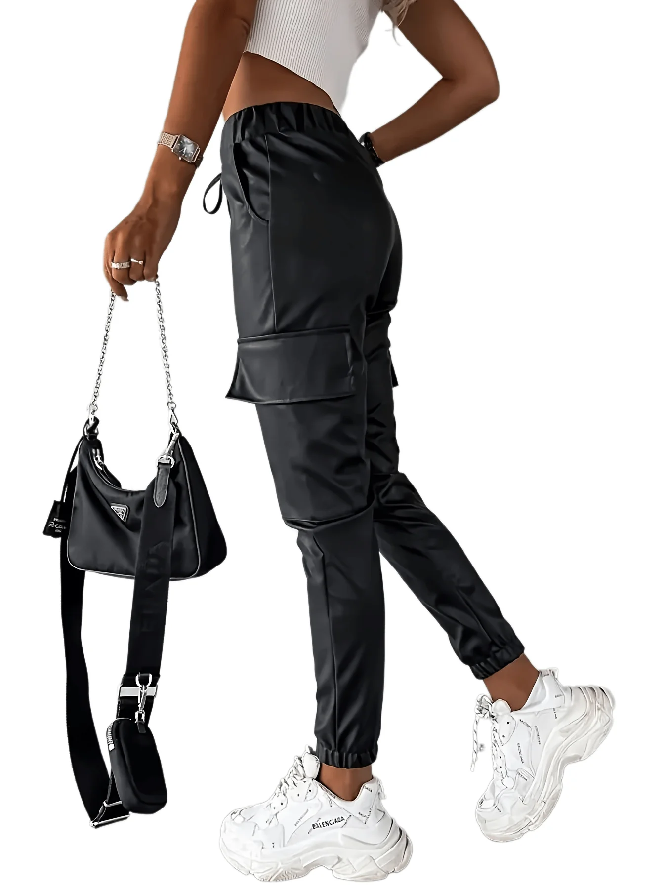 deanwangkt Faux Leather Jogger Pants, Casual Tied Elastic Waist Flap Pocket Pants, Women's Clothing - Deanwangkt