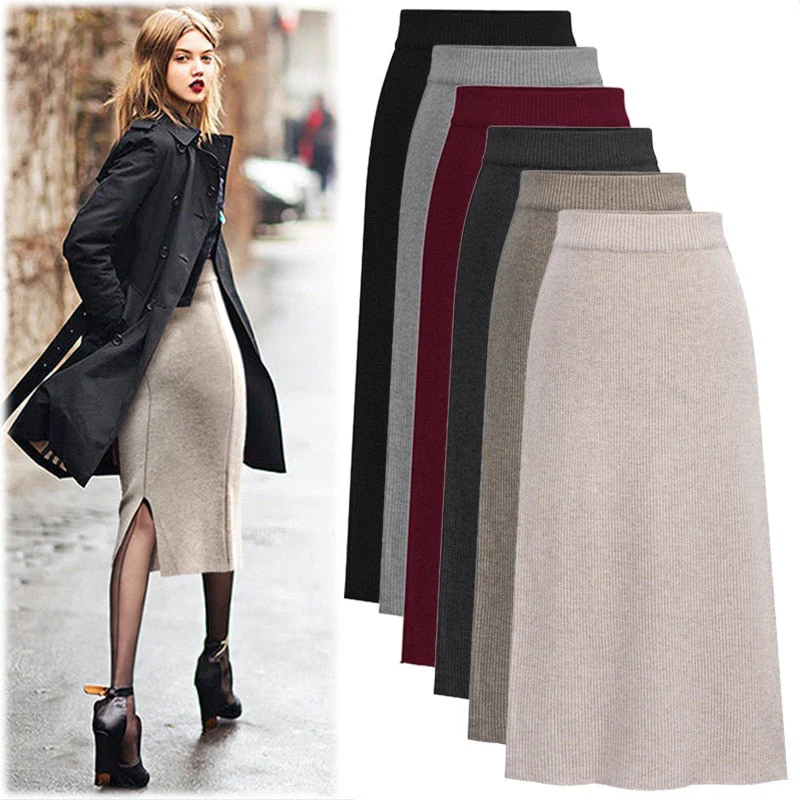 deanwangkt Knitted Pleated Skirt Long Women  Autumn Winter Warm Skirts Womens Thicken High Waist Knit Skirt Female A-Line Slim Skirts - Deanwangkt