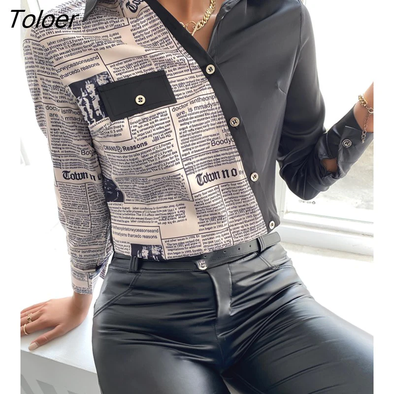 deanwangkt Women Spring Casual Letter Print Long Sleeve Buttoned Up Shirt Autumn Elegant Workwear Turn-down Collar Blouse Asymmetric - Deanwangkt