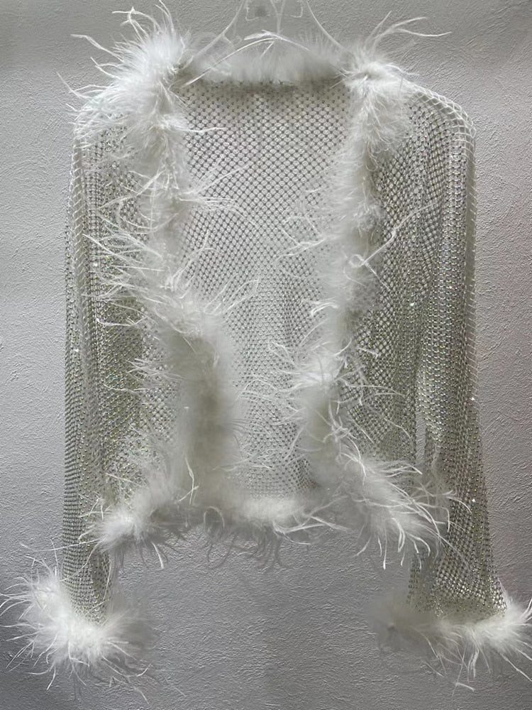 deanwangkt Sexy Diamonds Feathers Tassels Shirt For Women V Neck Long Sleeve Slim Open Stitch Blouses Female Autumn Clothing - Deanwangkt