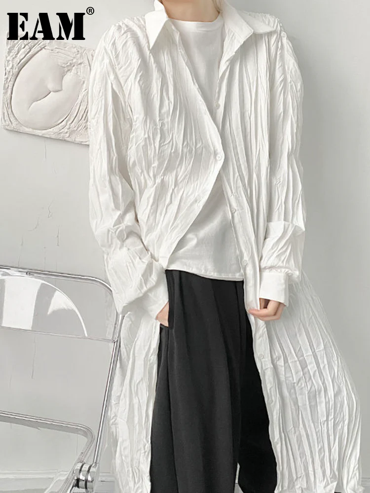 deanwangkt Women White Brief Pleated Big Size Long Blouse New Lapel Long Sleeve Loose Fit Shirt Fashion Spring Autumn  1DF0883 - Deanwangkt