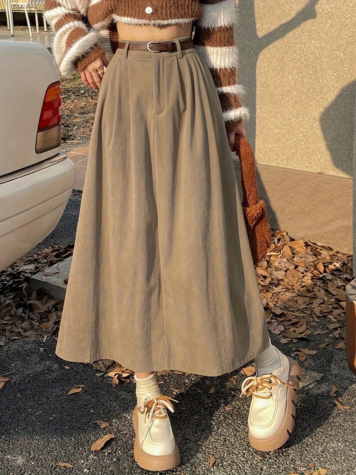 deanwangkt  Solid Flared Skirt, Casual High Waist Midi Skirt With Belt, Women's Clothing - Deanwangkt