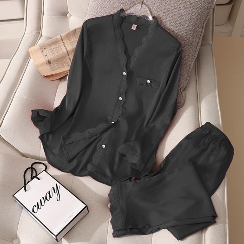 deanwangkt Casual Pajamas Set Satin Sexy Women 2 Piece Sleepwear Silky Pyjamas Loungewear Solid Nightwear Spring New Bathrobe Shirt&Pants - Deanwangkt