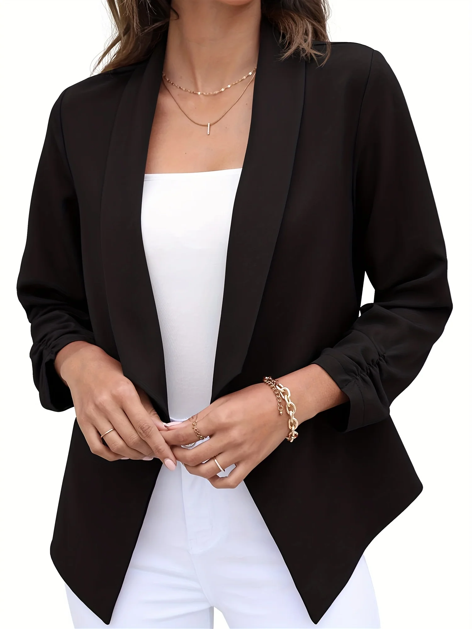 deanwangkt-1  Shawl Collar Open Front Blazer, Casual 3/4 Sleeve Blazer For Office & Work, Women's Clothing - Deanwangkt