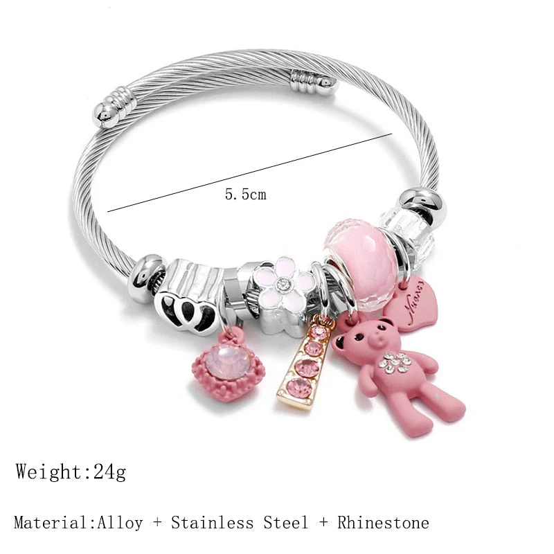 DEANWANGKT Fashion Bracelets & Bangles Stainless Steel DIY Jewelry Big Pink Bear Pendant Hearts Love Women's Bracelet Cuff Charms Pulseras - Deanwangkt
