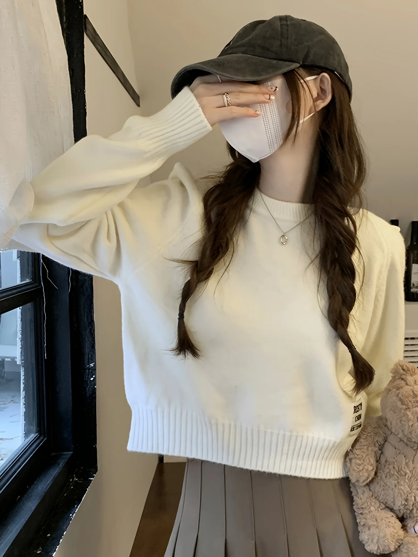 deanwangkt  Solid Crew Neck Pullover Sweater, Casual Long Sleeve Crop Versatile Sweater, Women's Clothing - Deanwangkt