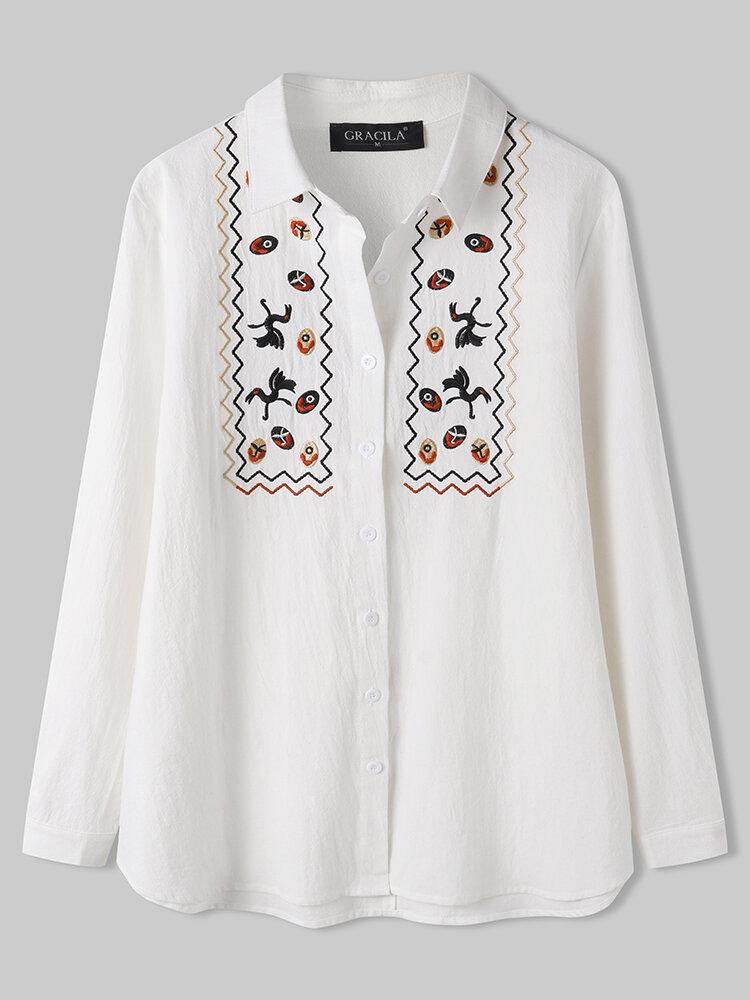 deanwangkt Women White Lapel Ethnic Embroidery Daily Casual Long Sleeve Shirts - Deanwangkt