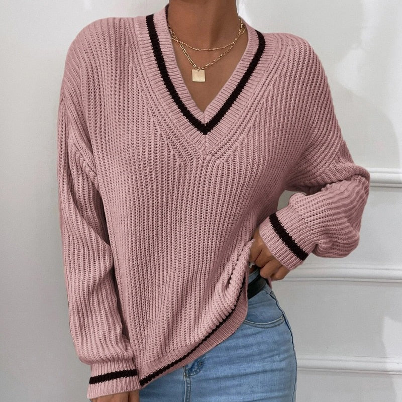 deanwangkt Casual Loose Knitted Sweater for Women Autumn Stripe V-Neck Sweater Winter Solid Soft Office Lady Pullover Fashion Jumper - Deanwangkt