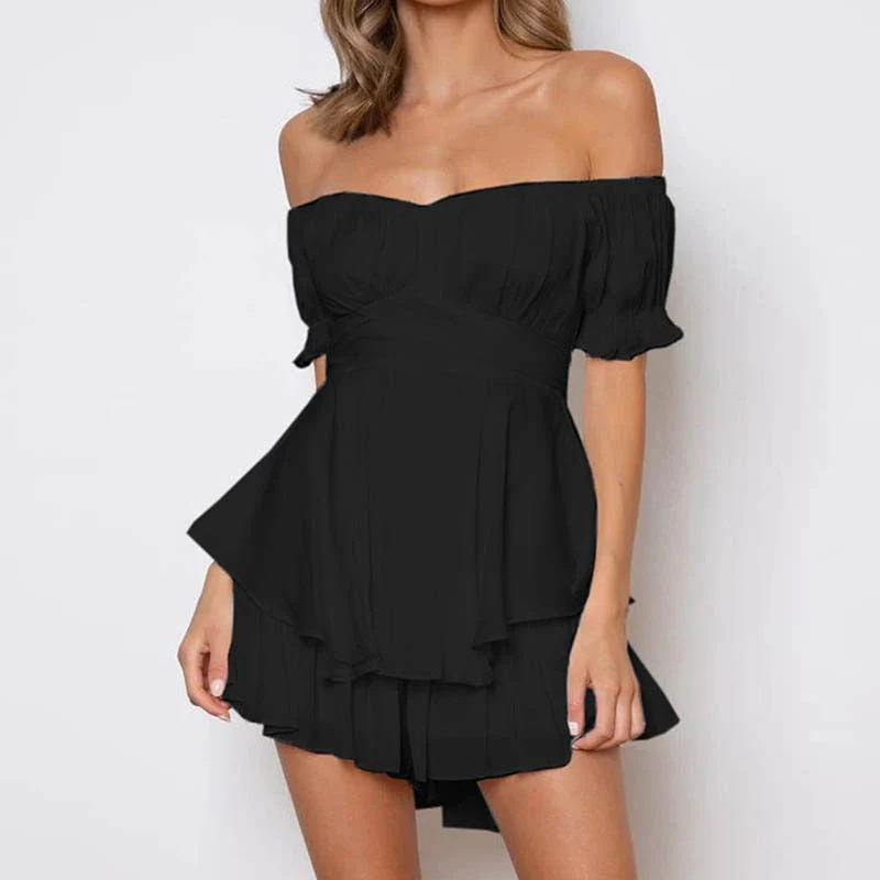 deanwangkt Solid Color Ruffle Women Rompers Sexy Off Shoulder Jumpsuit Female Summer Fashion Short Sleeve Women Rompers Bodysuit - Deanwangkt