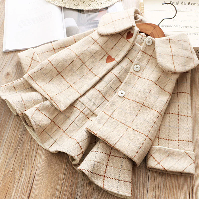 deanwangkt Baby Girl Clothes  Children Suits Korean Version Small Fragrance Girl Plaid Doll Collar Jacket + Love Vest Skirt 2Pcs Clothes Suit Wool Coat - Deanwangkt
