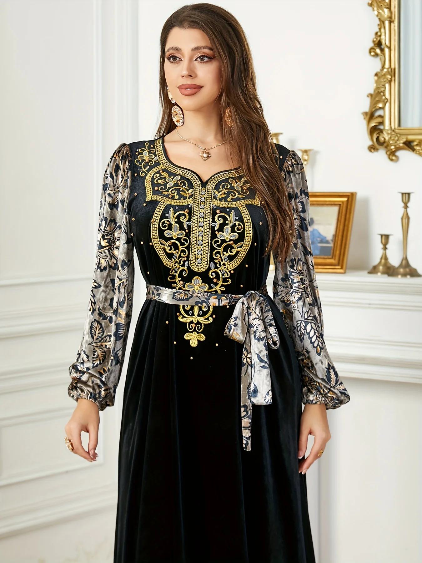 Floral Pattern Maxi Kaftan Dress, Elegant V Neck Lantern Sleeve Dress, Women's Clothing - Deanwangkt