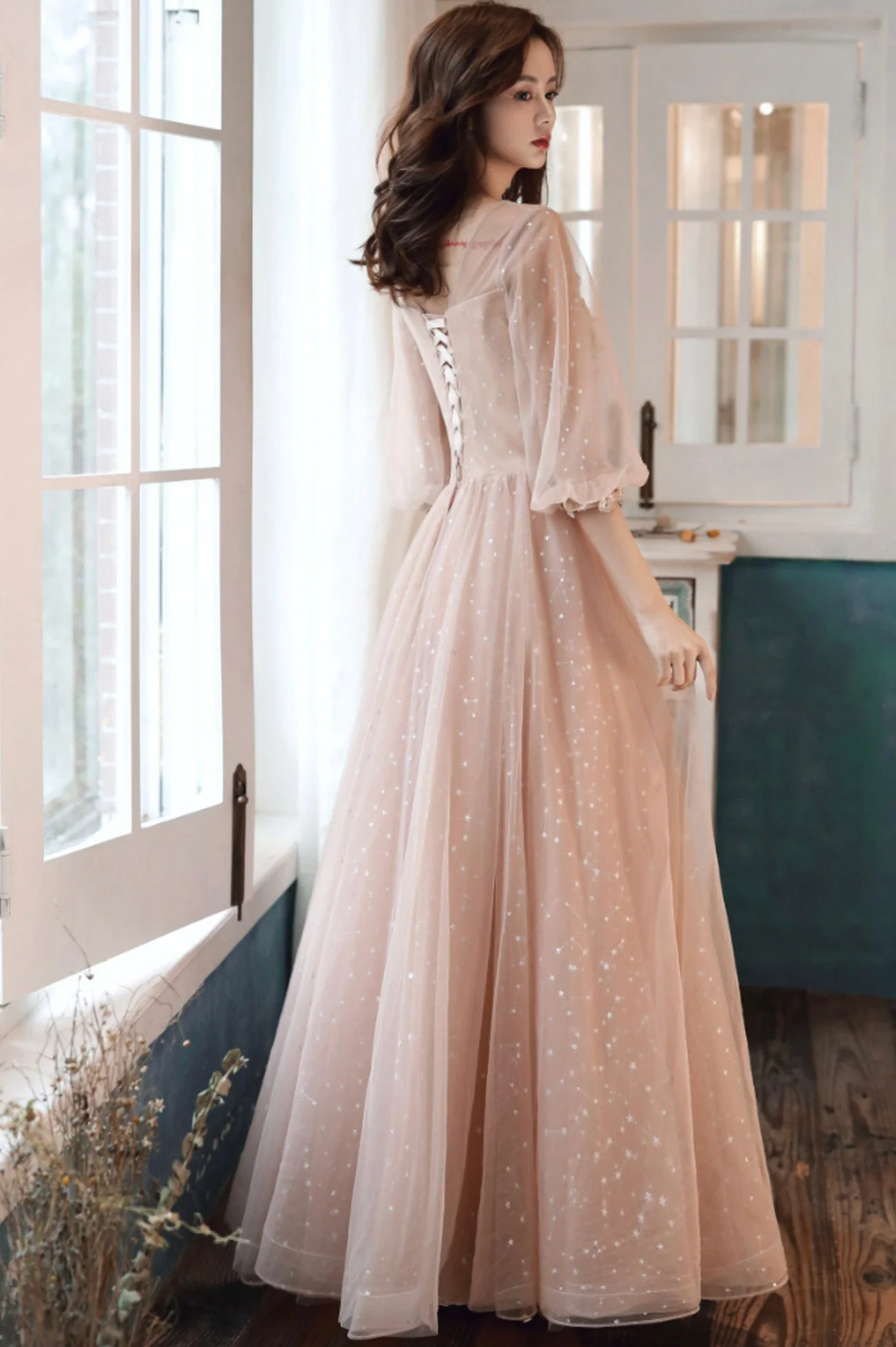 solvbao Pink Tulle Lace Long Prom Dresses, A-Line Long Sleeve Evening Dresses - Deanwangkt