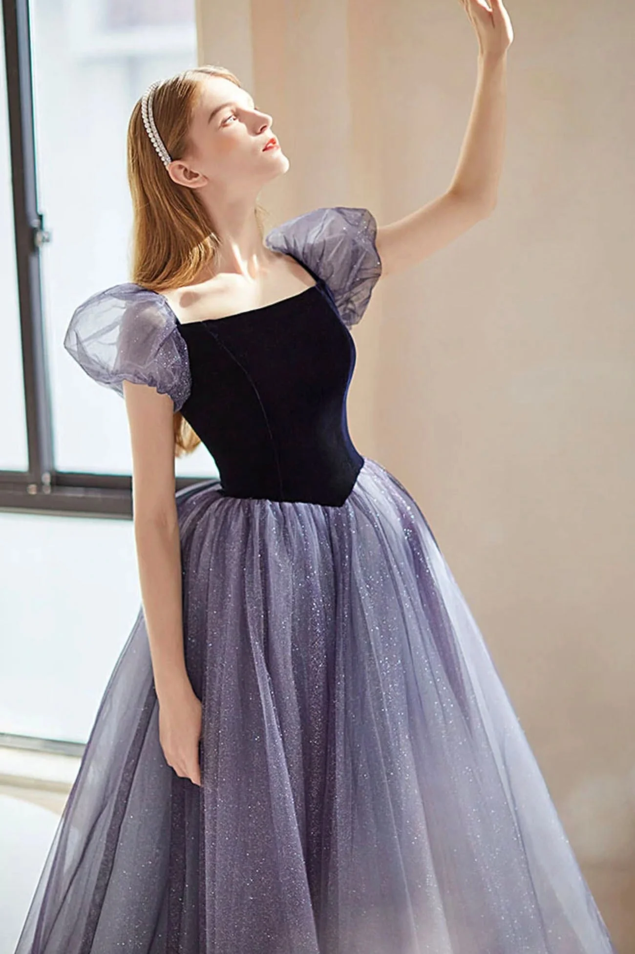solvbao Purple Velvet Tulle Long Prom Dresses, Cute A-Line Evening Dresses - Deanwangkt