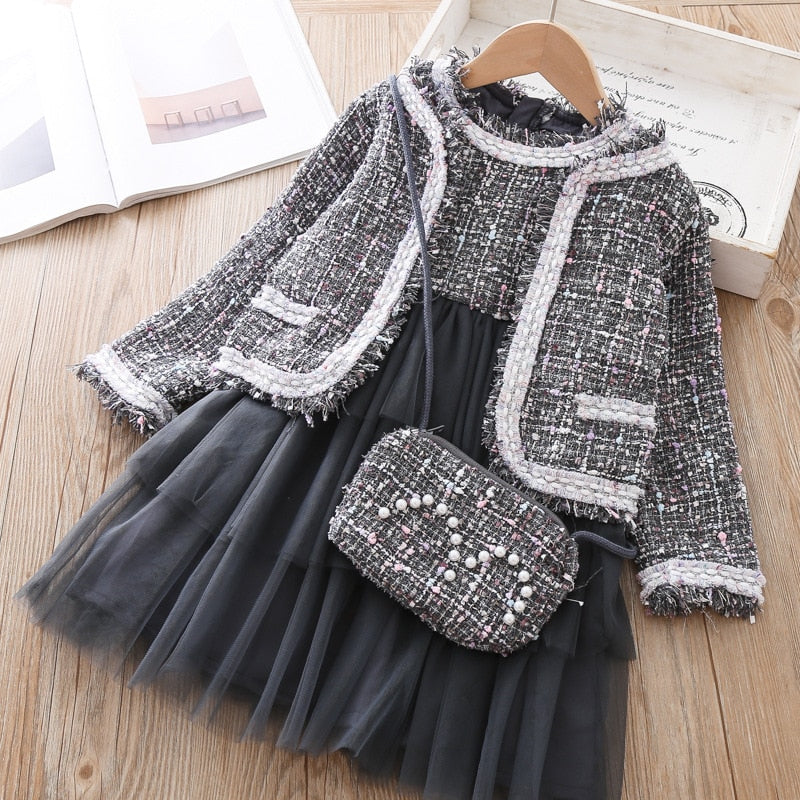 deanwangkt Baby Girl Clothes  Children Suits Korean Version Small Fragrance Girl Plaid Doll Collar Jacket + Love Vest Skirt 2Pcs Clothes Suit Wool Coat - Deanwangkt