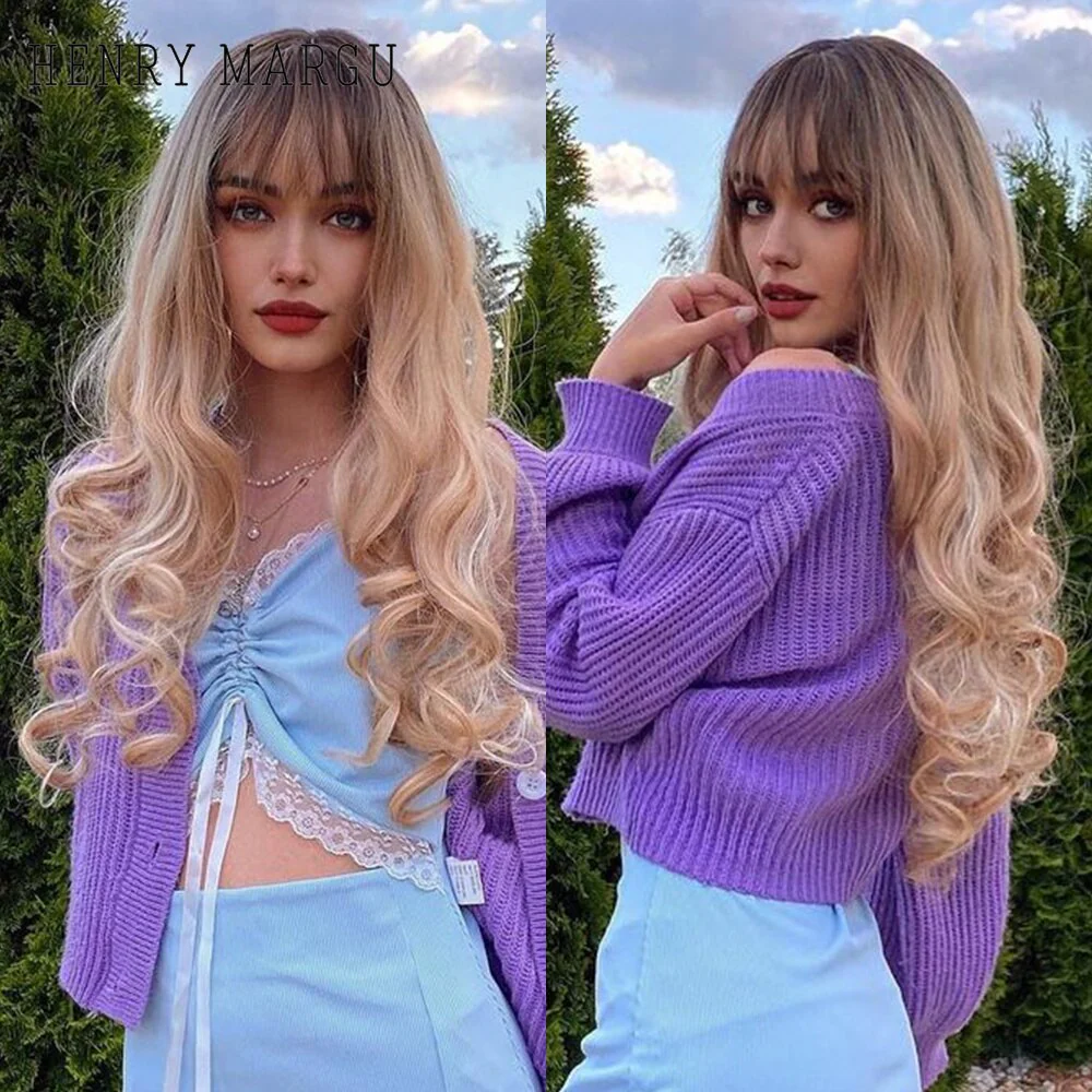 Pure Blonde Synthetic Hair Wigs Long Water Wave Wig for Women Colored Cosplay Lolita Wig with Bangs Heat Resistant - Deanwangkt